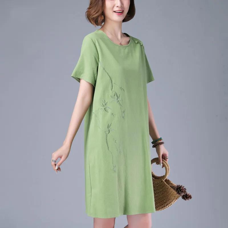 Damen Sommer Ethno-Stil Baumwolle und Hanf Besticktes Kleid mit Lockerer Schnalle zum Schlank Aussehen A-Linien Midi-Rock