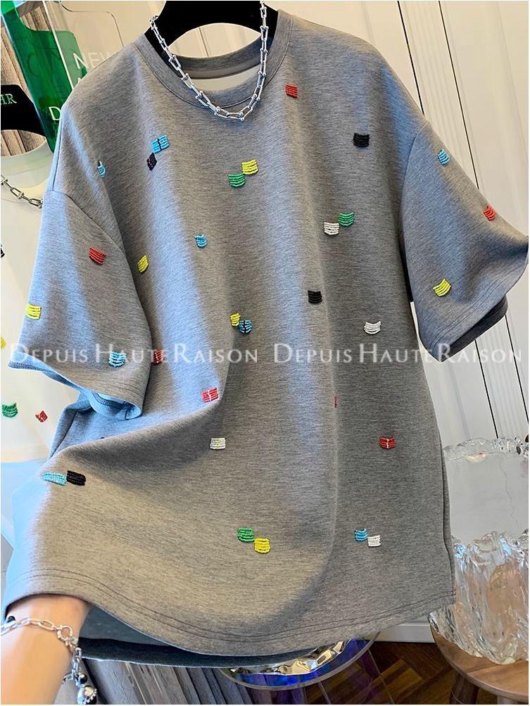 Women's Summer Loose Fit Korean Embroidered T-Shirt - Unique Straight Shoulder Short Sleeve Top