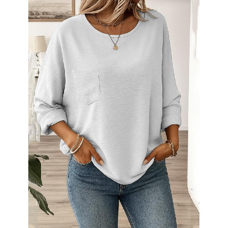 2026 Spring New Casual Long-Sleeve Round-Neck Pocket Solid Color Women s Loose-Fit Top S белый