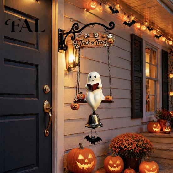 Rustikales Wandmontiertes Glöckchen Geister-Windspiel Hängend, Halloween Veranda Hof Dekoration mit Harz Metallglocke, Außendekoration Vintage Bauernhaus Ornament für