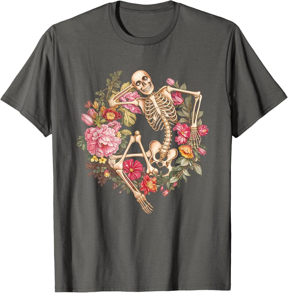 Blommigt Skelett Goth Halloween T-shirt Cool Dödskalle Grafiskt Tryck Bomull Avslappnad T-shirt