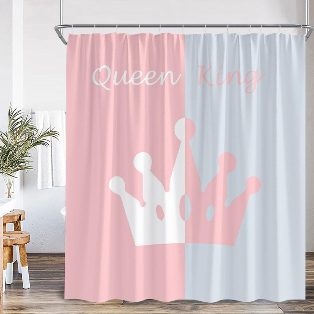 Crown Queen And King Shower Curtain Black White Pink Red Background Mrs Mr Right Couple Lover Polyester Bathing Decor Curtain