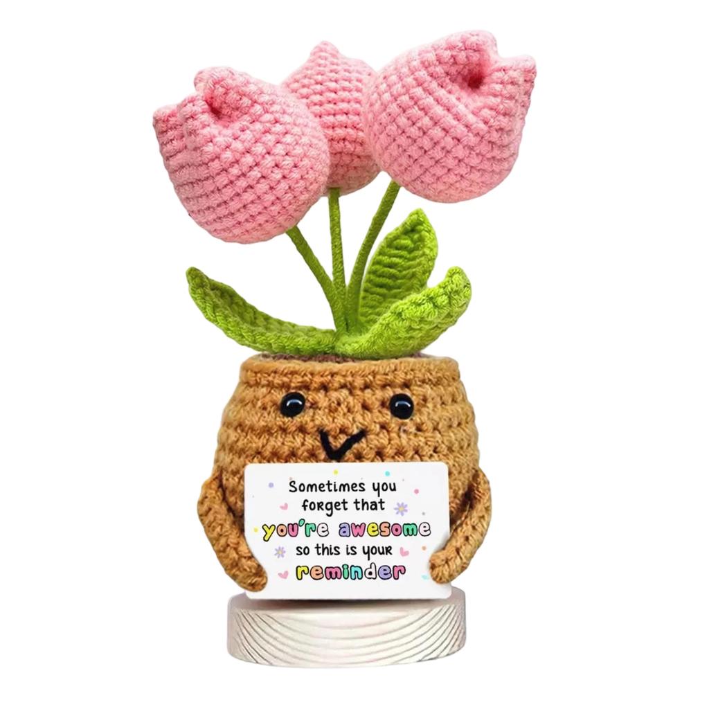 Handmade Knitted Tulip Flower Pot with Positive Message Card Crochet Decorative Plant Gift for Home Office Desk Display