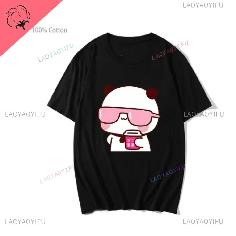 Couple Tee Bubu Is Watching Movies and Milk Tea with Dudu T-shirt Cartoon Cute Graphic Tees for Ladies Kawaii Cotton Unisex Tops
