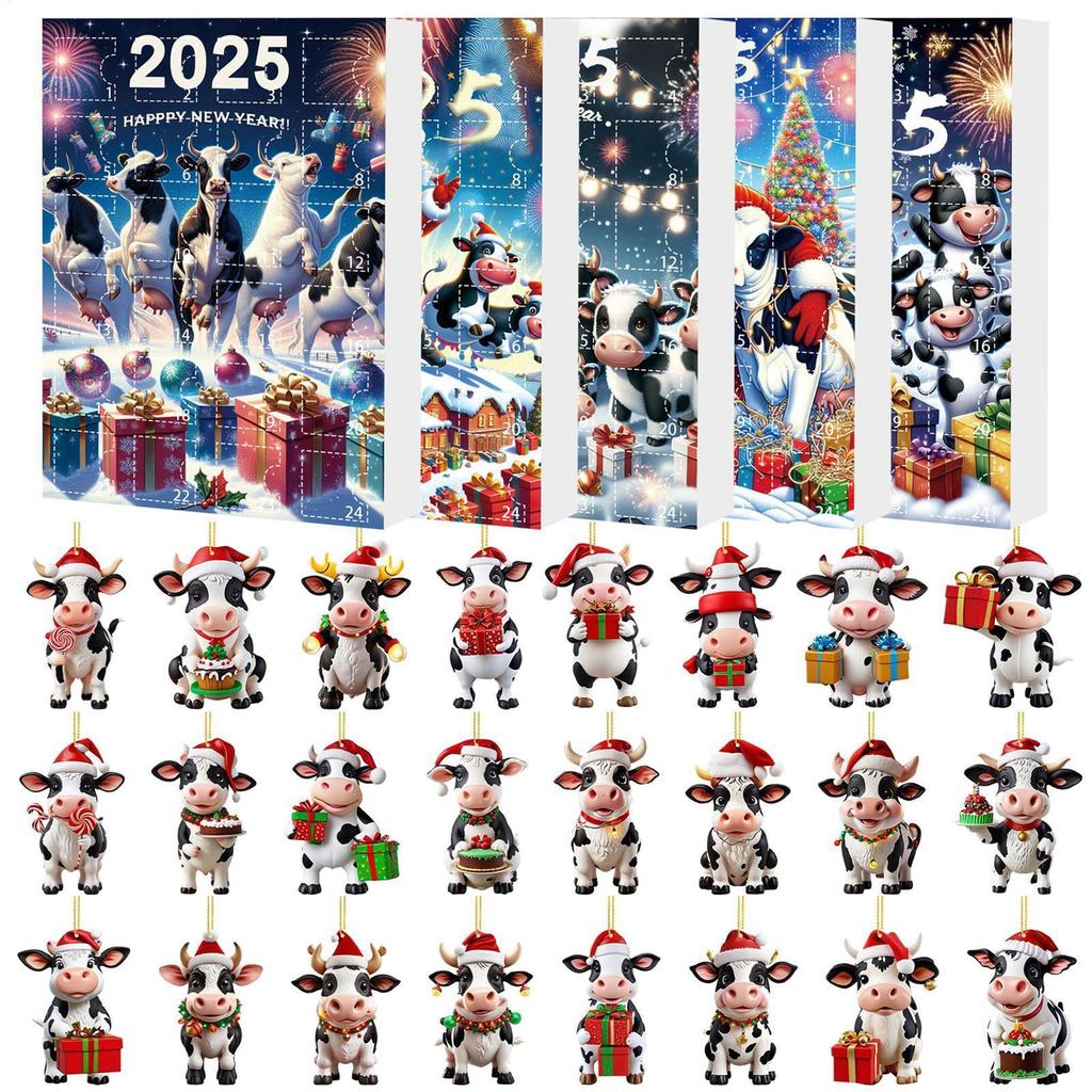 Cow Christmas Calendar 24 Days Cartoon Animal 2D Acrylic Hanging Ornaments Festive Countdown Calendar Christmas Tree Decorations