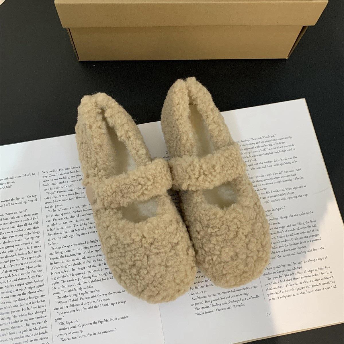 

Шерстяные туфли на плоской подошве для женской зимней одежды 2025 года, новые бархатные шапочки с одинарными туфлями Мэри Джейн 40