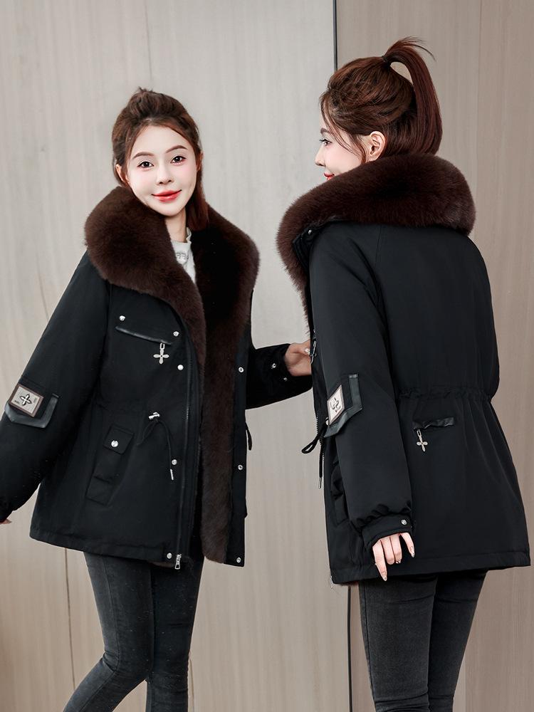 Short big fur collar Parker cotton-padded clothes for women with waist drawstring and multiple pockets, winter thickened cotton-padded jackets mixed b