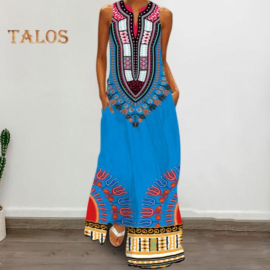 Vestido longo de verão com ombros de fora, sem mangas, linha A, retrô, colorido, estilo étnico, estampado, decote em V, bolsos laterais, comprimento total, vestido longo