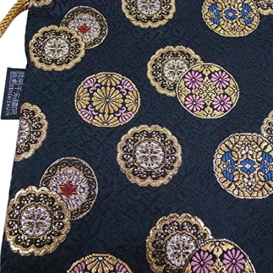 Senshishuin Nishijin Brocade Drawstring Bag Gold Circle Large (Lined) Crest/Black,