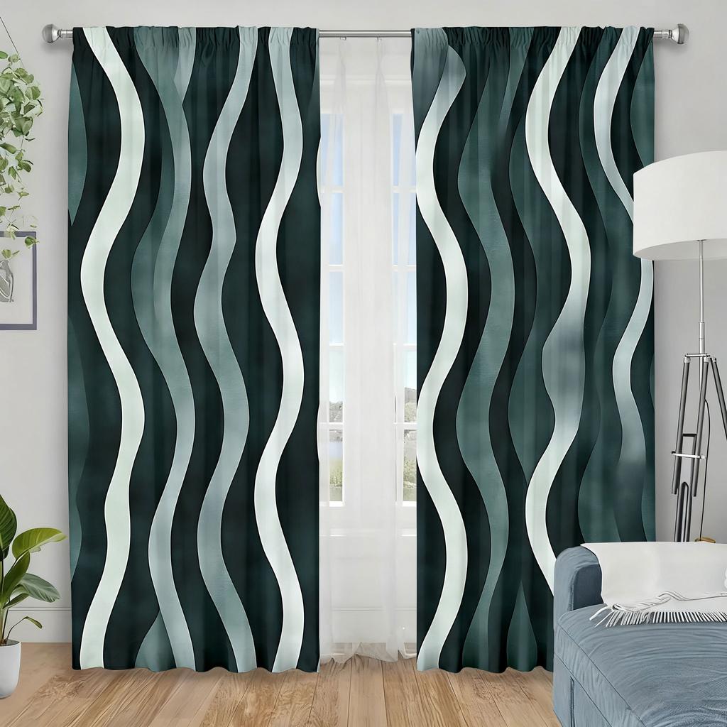 Set Of 2 Dark Green Gradient Wavy Curtain Simple Style Living Room Bedroom Pull Window Decoration For Great Made Polyester With Rod Pocket