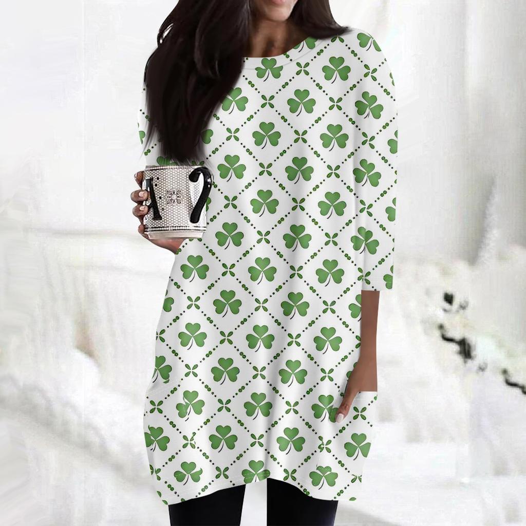 Women's  Casual 3/4 Sleeve Shirts Fashion St Patrick's Print Tunic Tops With Pockets