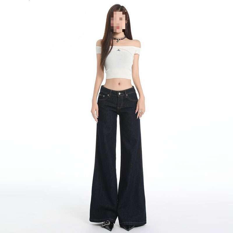 

Women s Dark Blue Low-Waist Micro-Flare Jeans: Autumn/Winter Style, Loose, Versatile, Slimming, Floor-Length with Good Drape. XL темно-синий