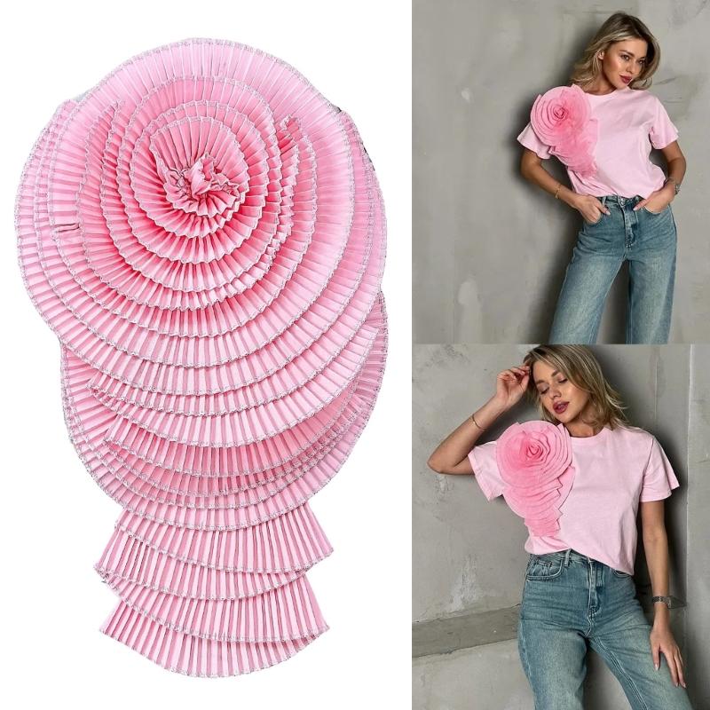 Fashionable Pleated Big Flower Lapel Pin Exaggerated Folded Flower Brooch for Dress and Shirt Women Breastpin Ornament