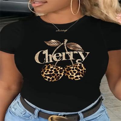 Cotton 100% Leopard Print Cherry Print Short Sleeve T-shirt Round Neck Fashion Casual Short-sleeved T-shirt Top Graphic T Shirts