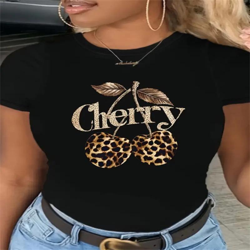 

cotton 100% Leopard Print Cherry Print Short Sleeve T-shirt Round Neck Fashion Casual Short-sleeved T-shirt Top Graphic T Shirts S