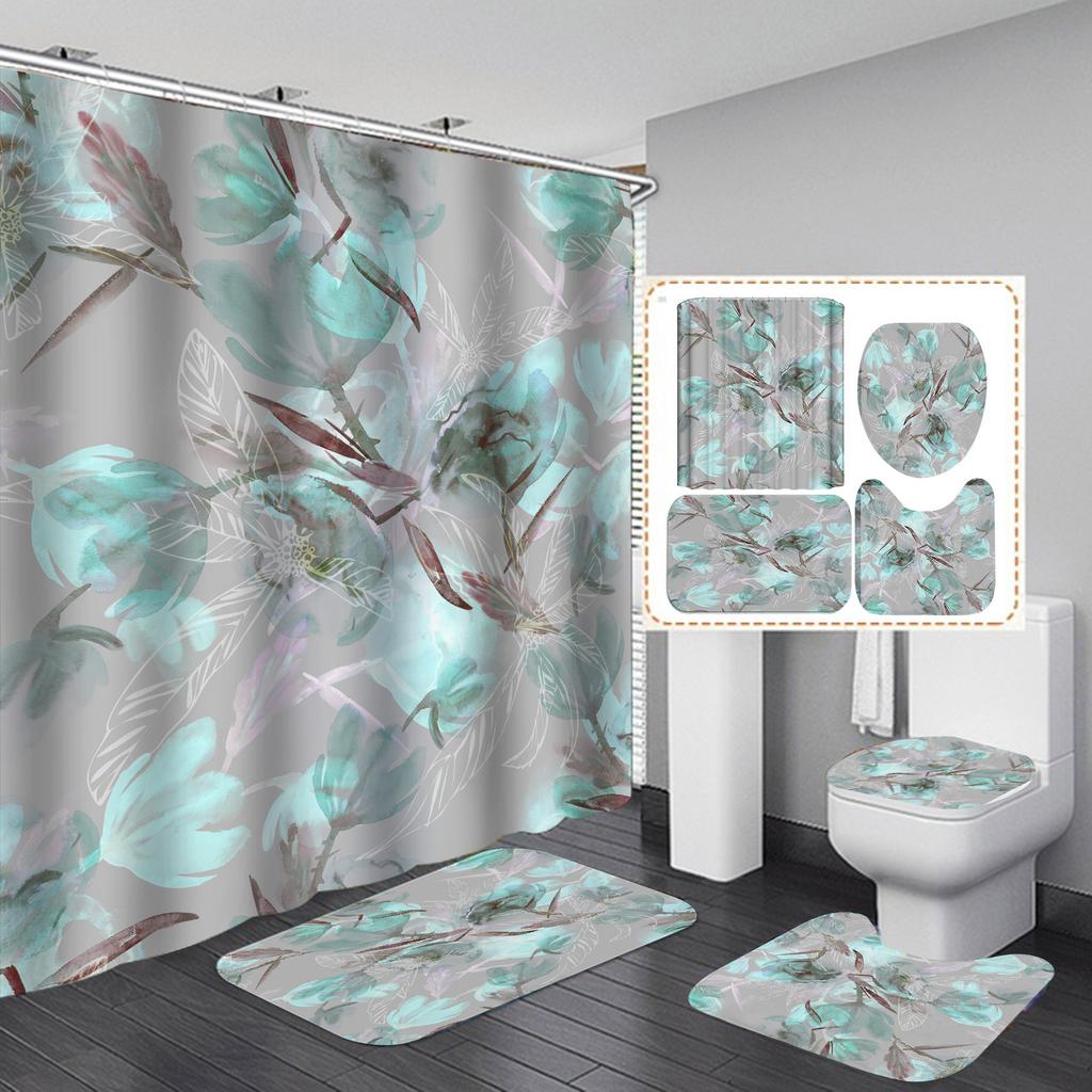 3D Digital Printing Polyester Flower Bathroom Four-Piece Shower Curtain Direct Supply Curtain