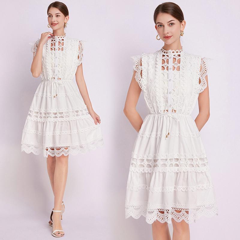 

Літня елегантна вишита мереживна сукня-сорочка, жіноча стійка, летючі рукави, шнурки, вечірній жіночий одяг XL білий