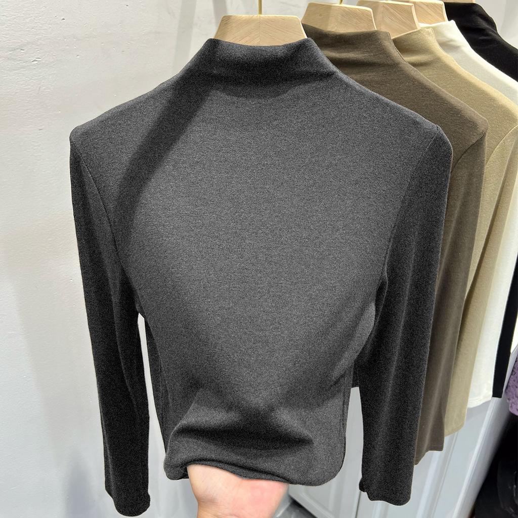 Ein neues langärmeliges Basisshirt mit halbem Stehkragen für Damen, Ein figurbetontes und schlankmachendes T-Shirt, Ein warmes T-Shirt und Oberteil für Herbst und Winter