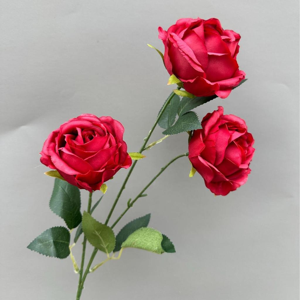 Artificial Rose Branch with Green Leeaf Three Heads Silk Rose Flower