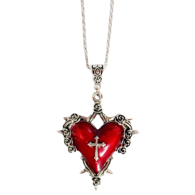 Unique Gothic Thorn and Red Heart Necklace Stylish Collarbone Chain Perfect for Music Festivals and Themed Event 1