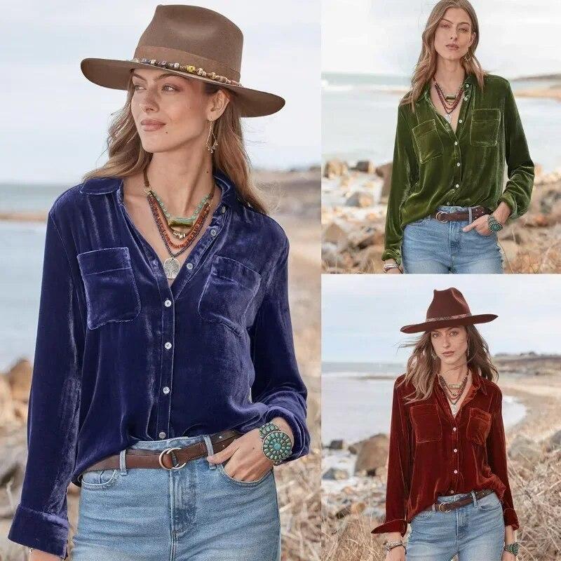 Turn-down Collar Soft Velvet Blouse Women Loose Simple Button Up Women Shirts Elegant Solid Office Lady Tops Casual Blusas 30086