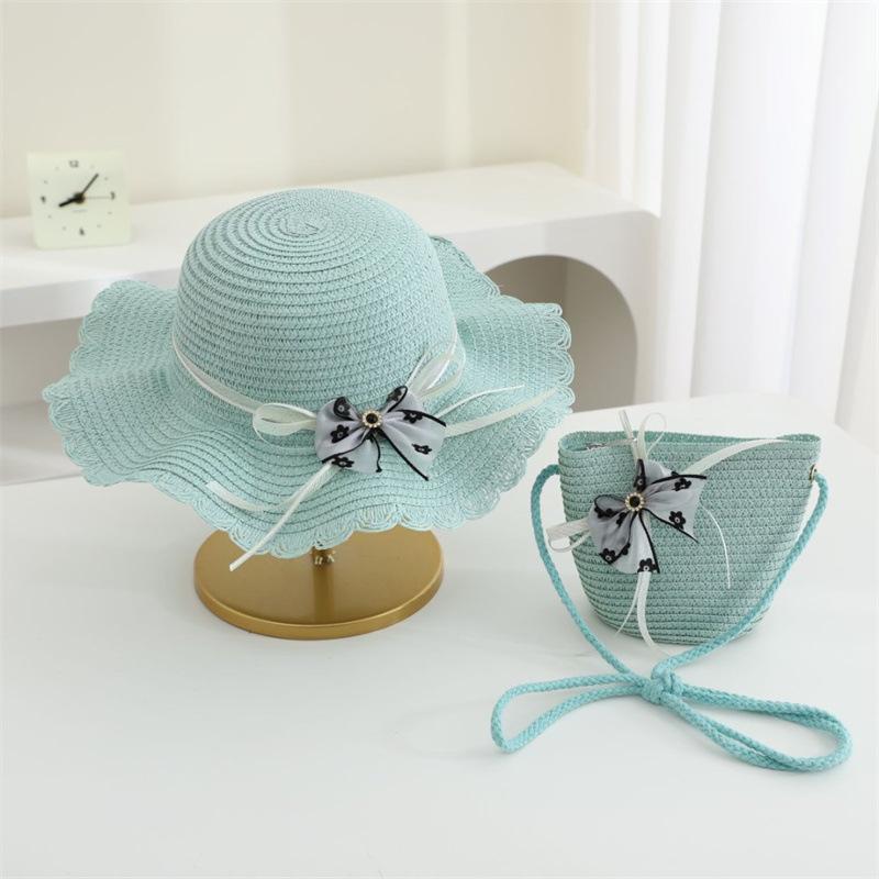 Newest holiday child girl straw hat and bag 2pcs a set floral sun hat baby beach Floppy Panama casquette gorros shoulder bags