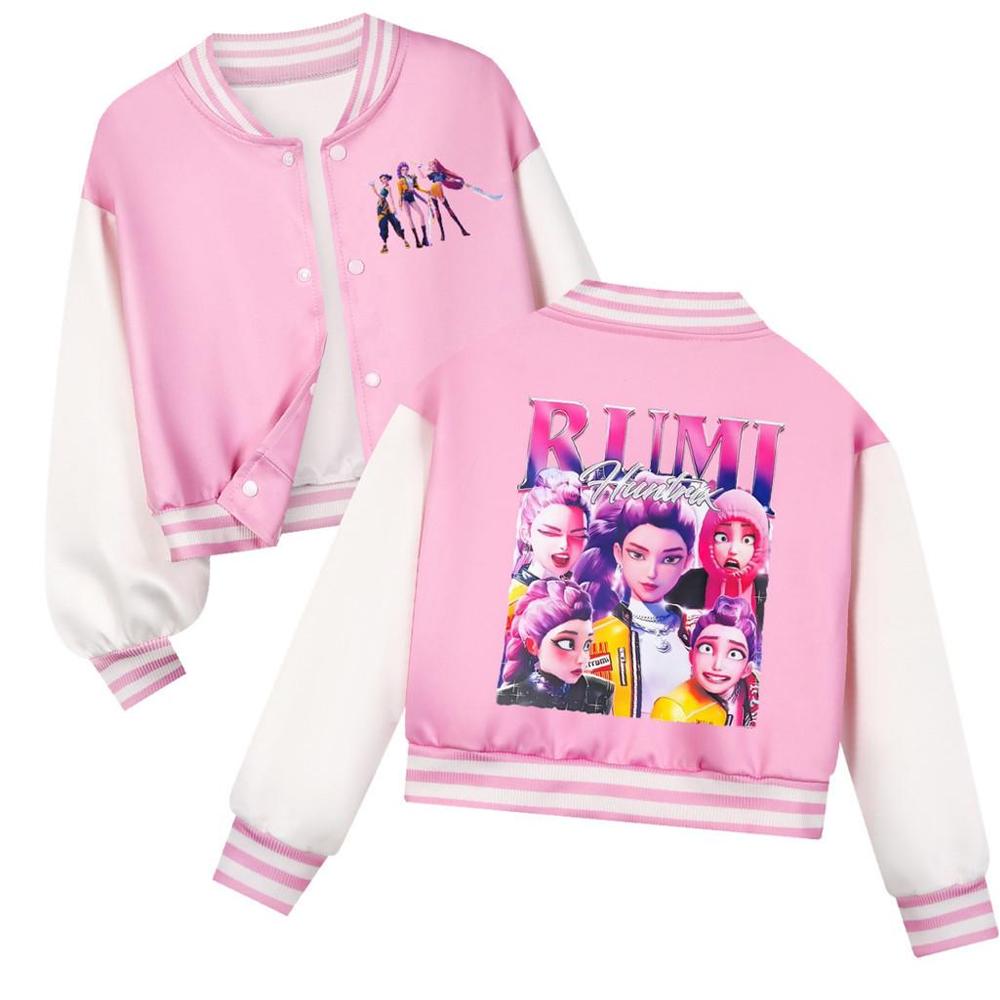 Kids Girls Anime Cartoon Kpop Demon Hunters Rumi Zoey Mira Printed Casual Long Sleeves Baseball Jacket Coat