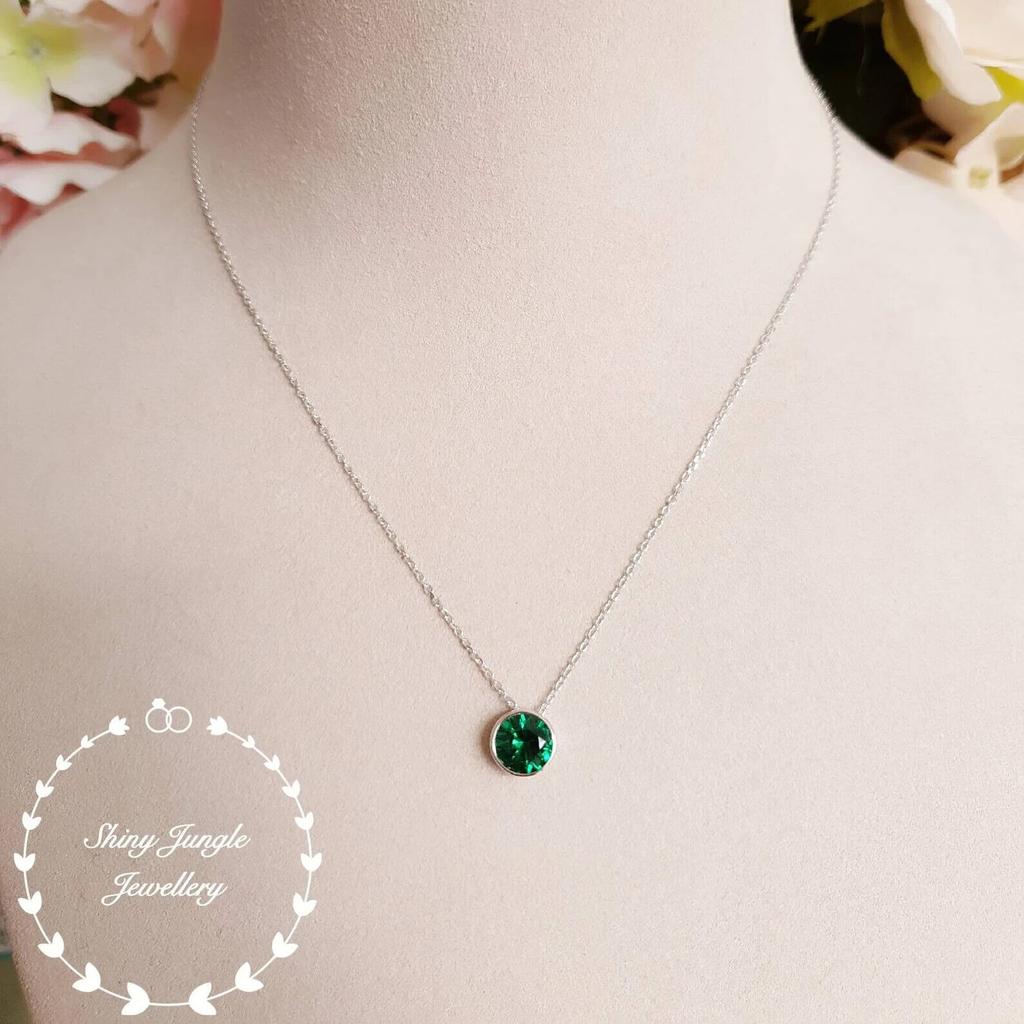 Round Emerald Solitaire Necklace, Classic Bezel Set Round Emerald Pendant, May Birthstoen Necklace