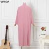 VONDA Plus Size Women Casual Loose V Neck Long Sleeve High Split Irregular Long Blouse Tops
