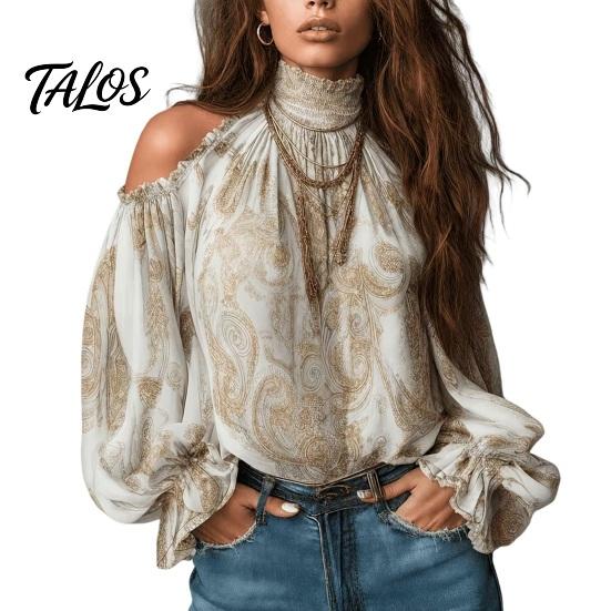 Legere Blusen Damen Herbst Cold Shoulder Shirt, Vintage Ethno-Print Hoher Weicher Hemdkragen Bluse, Rüschen Laternenärmel Oberteil Lang