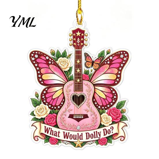 Music Themed Christmas Decorations Pink Guitar Butterfly Ornament, Acrylic Hanging Decor with Rose Festival Decorative Ornaments And Quote,