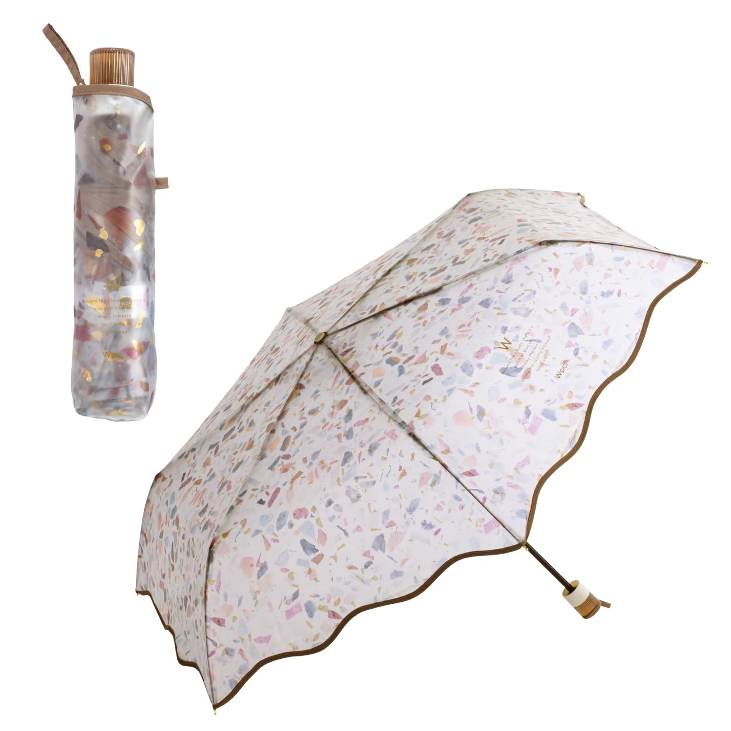 

ВПК. Мини-зонт складной бледно-каменный коричневый (винил) с 54-сантиметровыми ребрами, стильный и милый узор терраццо, прозрачная ручка, блестящий волнистый край, идеально для