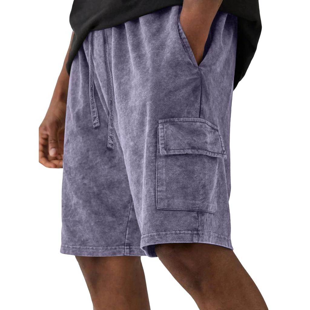 Men's Casual And Fashionable Water-washed Cotton Loose-fitting Shorts - Men's Multi-pocket Workwear Drawstring Shorts