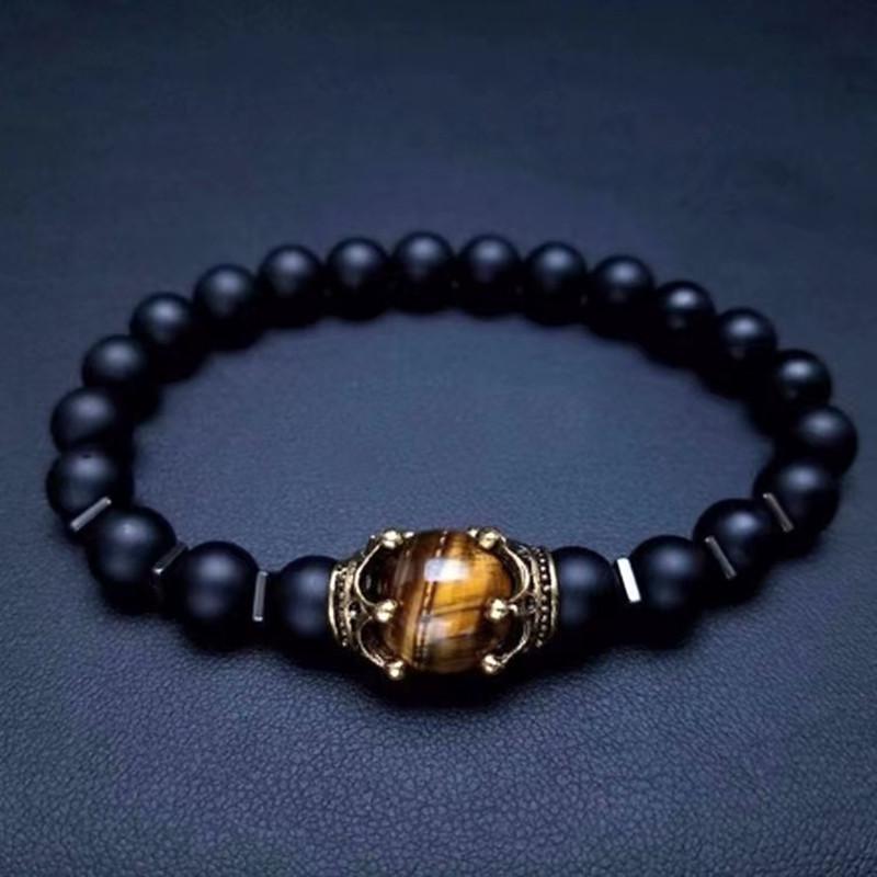Luxury Men s Tiger Eye Stone Bead Bracelet with Crown 8MM 18.5-19CM