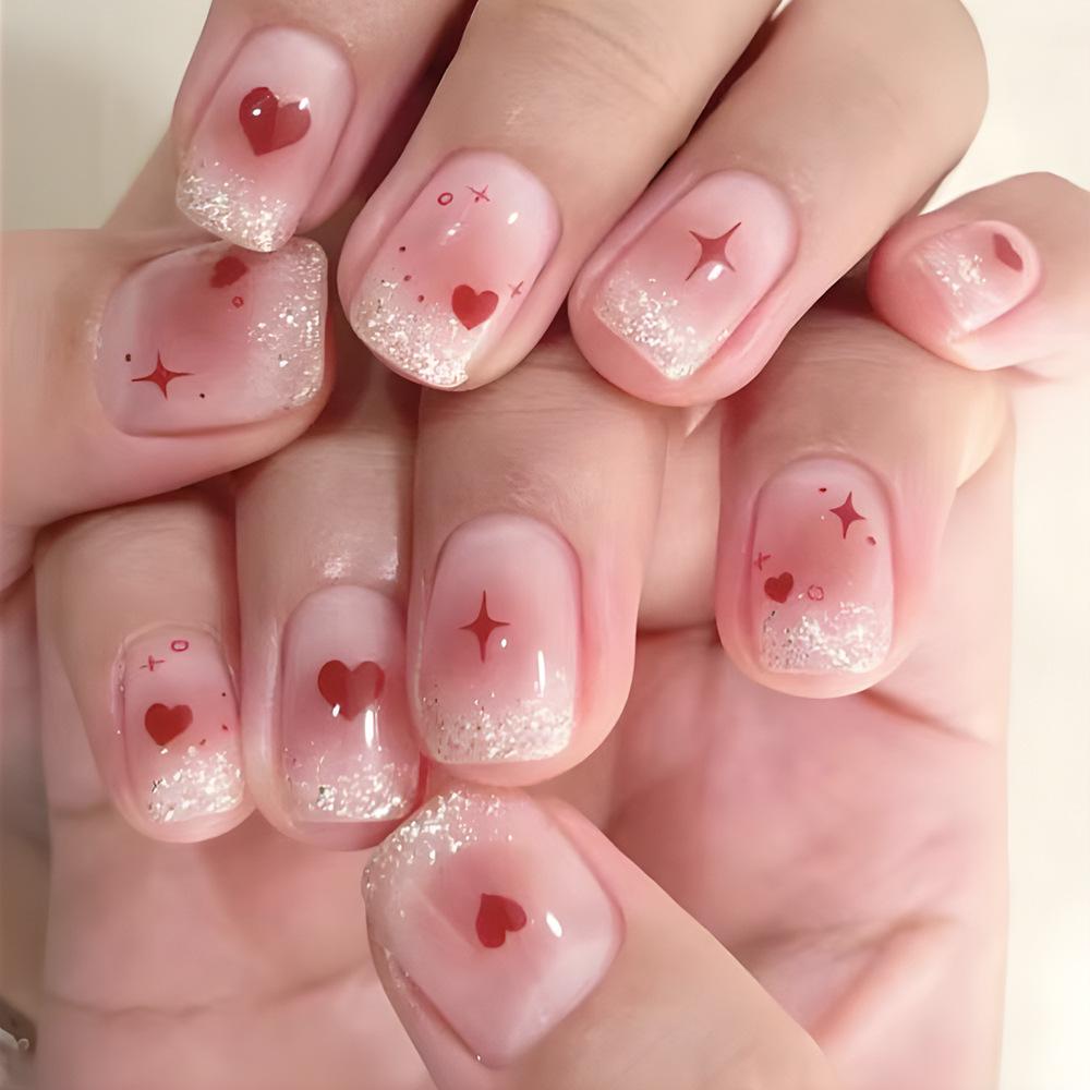 

Pink Glitter Ombre Heart Press-On Nails - Glossy Silver Manicure Set (24 Pieces)