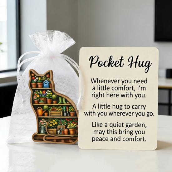 Garden Cat Pocket Hug 2D Cute Cat-Shaped Figurine with Inspirational Positive Card Pocket-Sized Comfort Keepsake for Friends Family