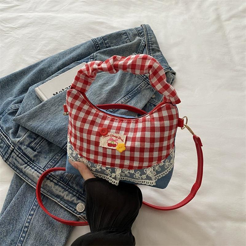 New Lace Plaid Patchwork Handbag French Bow Underarm Bag Small Versatile Cute Sweet Canvas Shoulder Bag Fashion Crossbody Bag