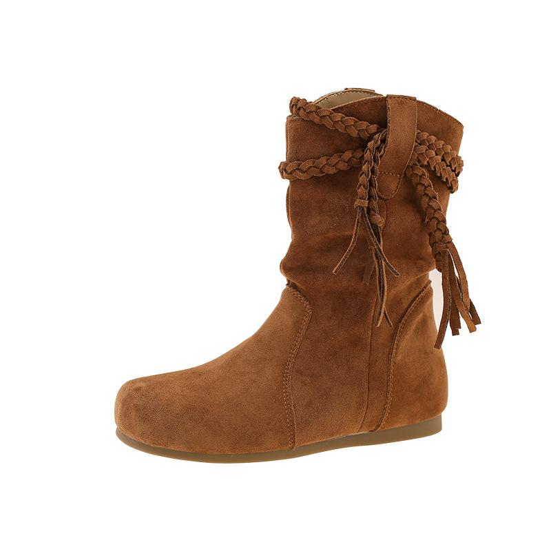 2025 autumn and winter new large size heightened retro fringed stacked small short boots women's round head medium tube pleated Martin boots