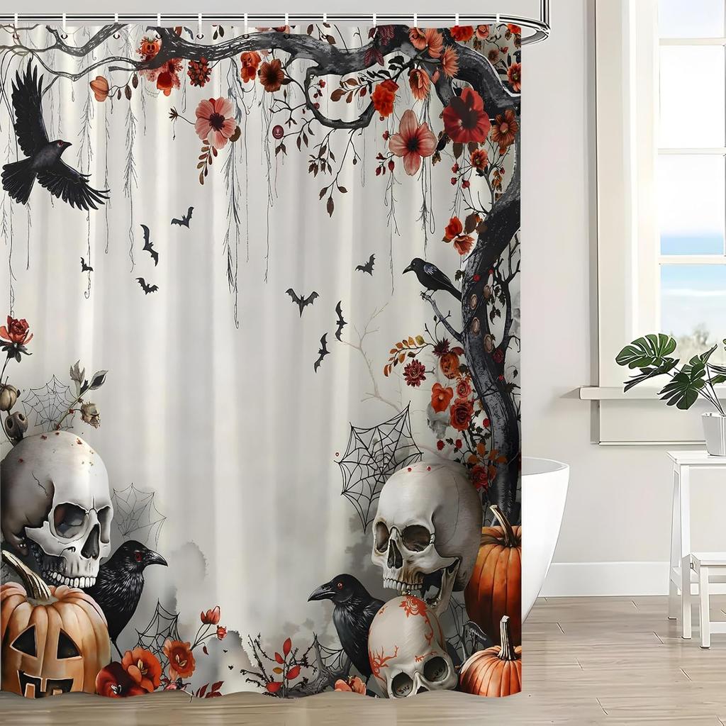 Halloween Shower Curtain Vintage Skull Scary Pumpkin Horror Crow Creepy Skeleton Gothic Fall Floral Tree Raven Spooky Bat Retro Witchy Bath Curtain