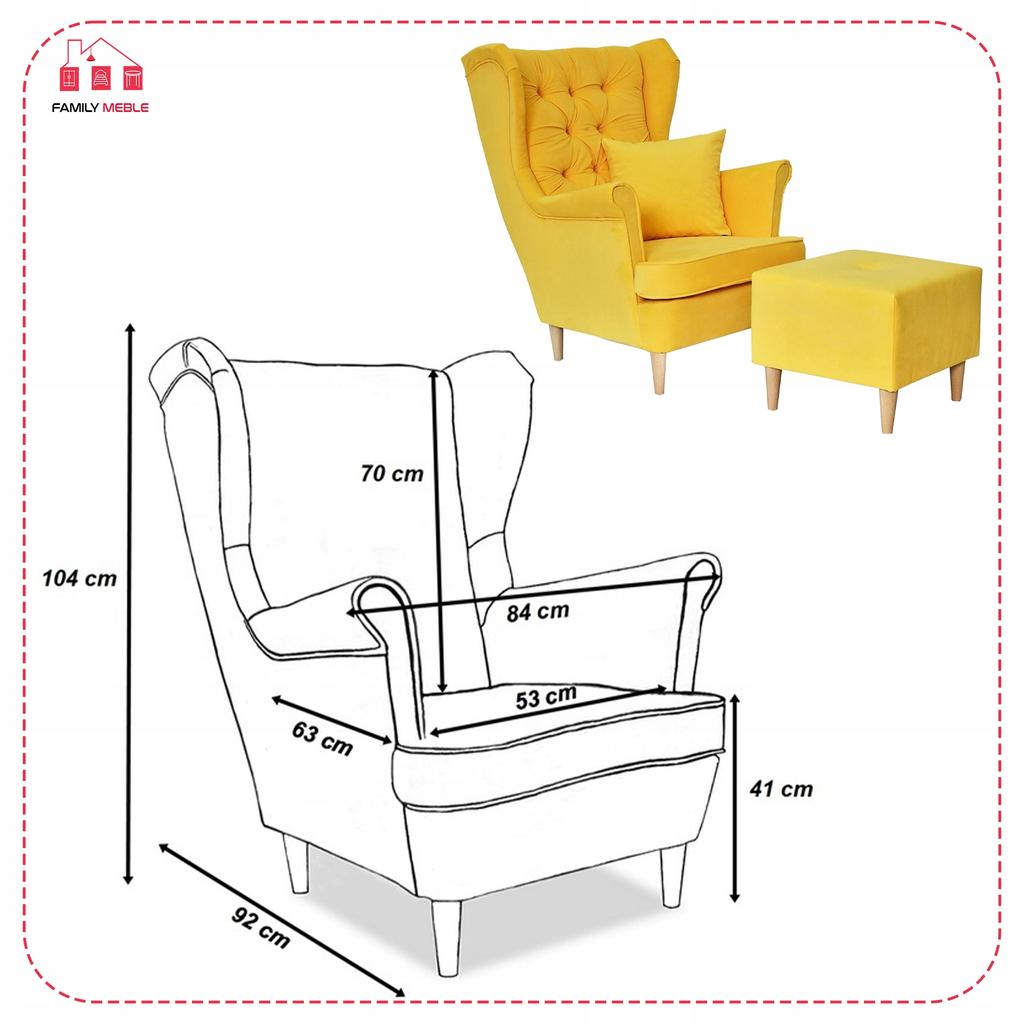 Fotel uszak Gaja z podnóżkiem skandynawski Family Meble yellow + pufa