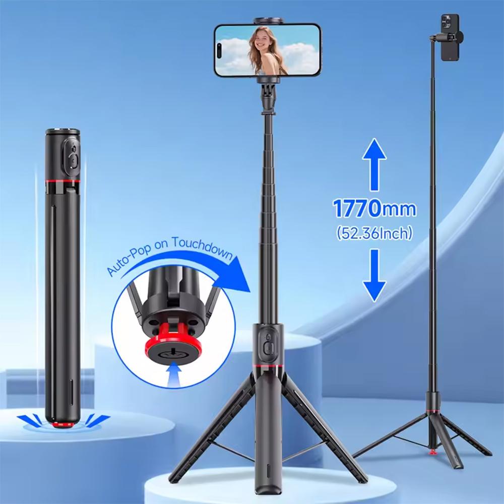 Auto Tt01 Pop Up Selfie Stick Tripod Hidden Phone Clip Expandable 52.36" For Mobile Phone With Bluetooth Magnetic Remote