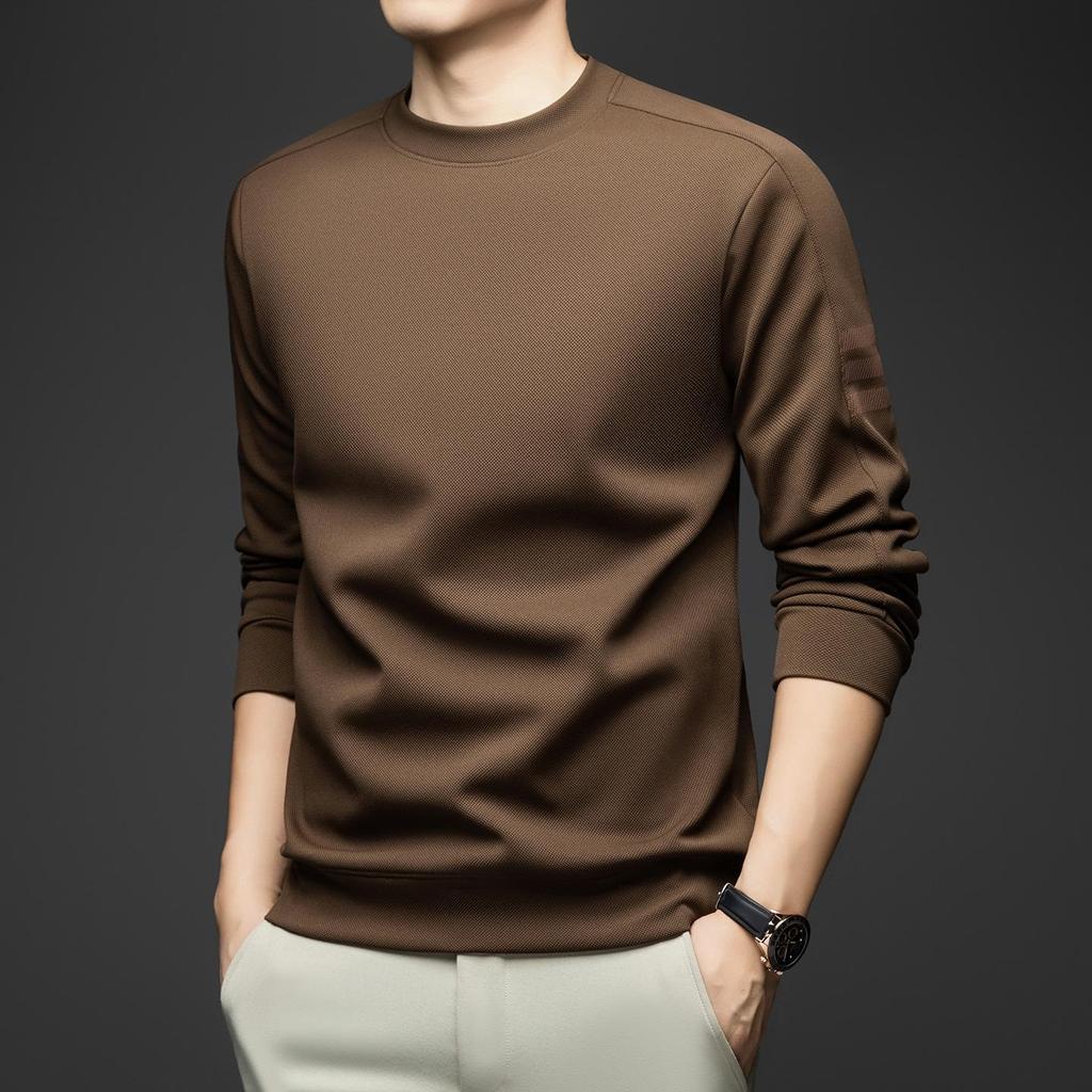 Spring & Autumn Men's Versatile Long-Sleeve Round Neck Solid Color Casual Hoodie - Fashion T-Shirt for Middle-Aged & Young Men