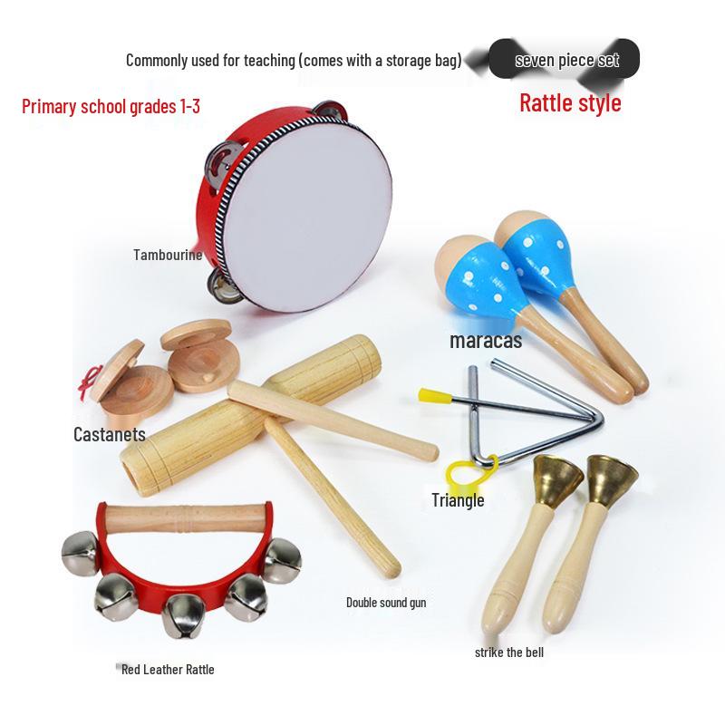 Children's Orff Percussion Instruments: Triangle, Castanets, Maracas, Tambourine, Wood Block, Cymbals