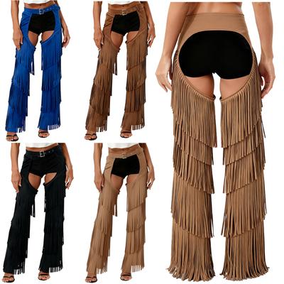 S-3XL Women's Cowgirl Themed Party Pants, Sexy Open Crotch Buttless Fringe with Buckles for Holidays & Raves