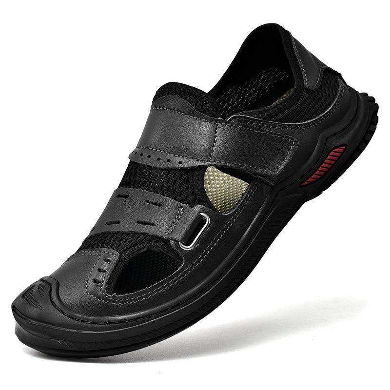 New Men's Baotou Beach Shoes Trendy Men's Sandals Outdoor First Layer Cowhide Mesh Breathable, Anti-collision, Non-slip and Cool