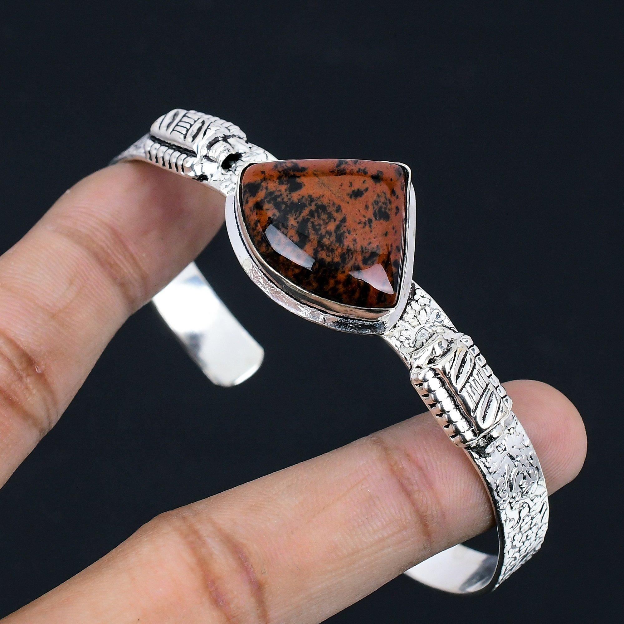 

Sterling Silver Trillion Natural Mahogany Obsidian Daughter Boho Bangle Jewelry Adjustable