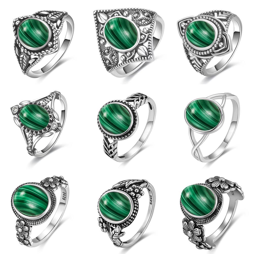 Vintage S925 Silver Ring Oval Round Natural Malachite Ring Sun And Flower Shaped Retro Fine Jewelry For Women Men