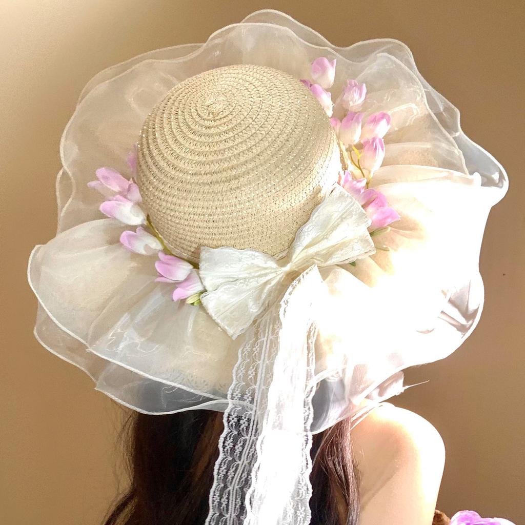 Big Brim Flower Lace Bow Straw Hat Women's Summer Vacation Wind Sun Hat Beach Seaside Sun Hat