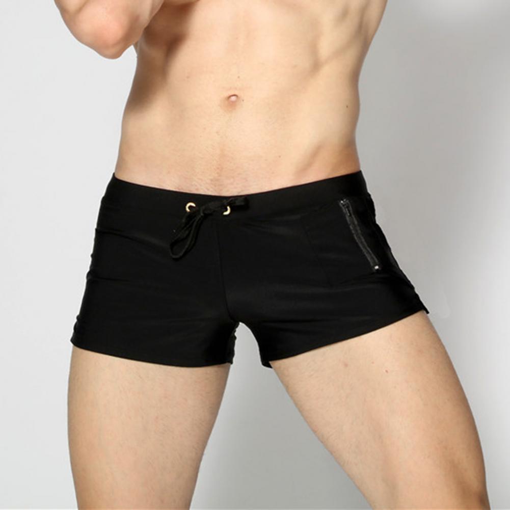 Men Swimming Everyday Shorts Drawstring Elastic Waist Zipepr Pockets Quick Dry Slim Fit Single Color U Convex Mid Waist Bathing Boxers Sur