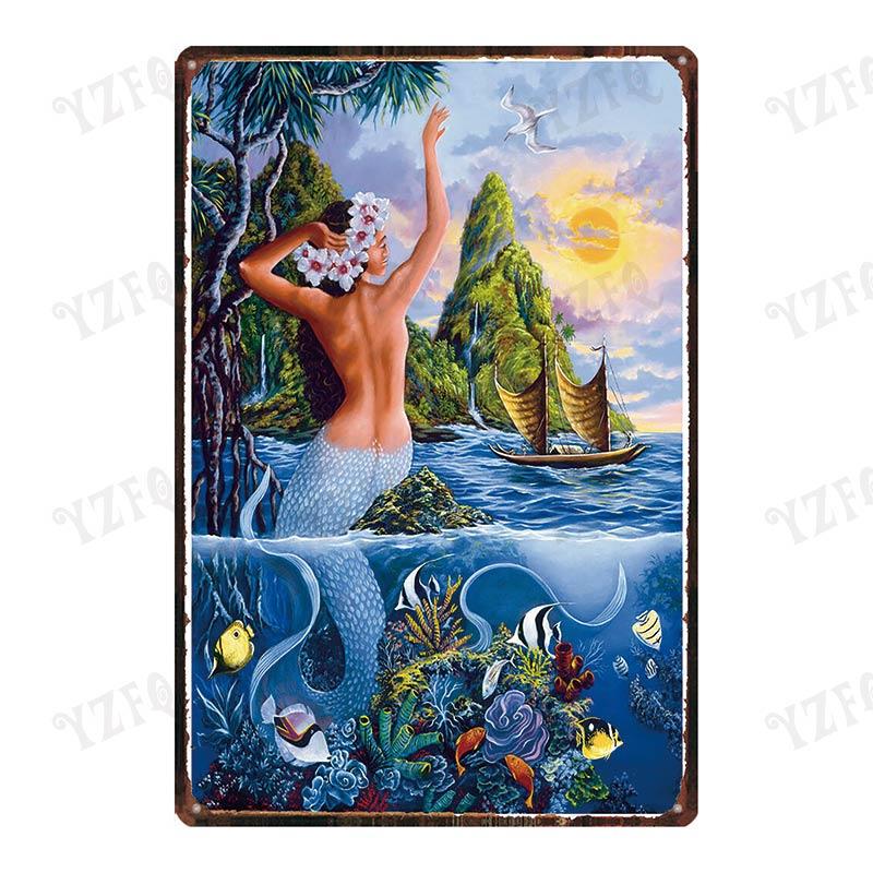 Vintage Hawaii City Painting with Hula Dancers  Metal Travel Tin Sign for Wall Decor In Pubs Cafes and Homes  Beach Metal Pla